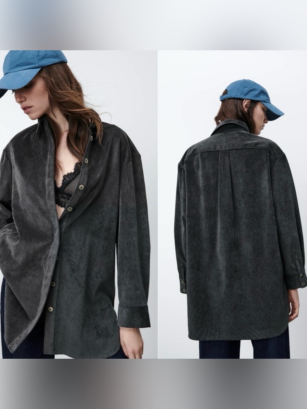 ZARA Dark Grey Corduroy Oversized Button Down Shirt